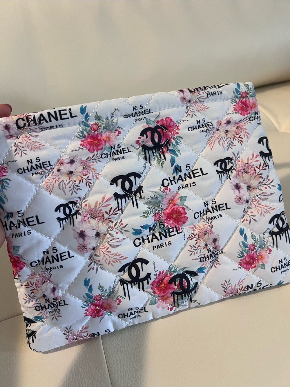 CHANEL White Quilted Floral Tablet Sleeve